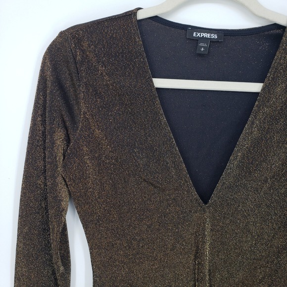 Express Metallic Bodysuit Long Sleeve V Neck Thong Womens Size S Black Gold - Picture 4 of 9